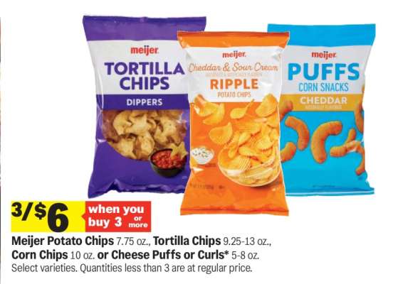 Meijer Potato Chips, Tortilla Chips, Corn Chips, Cheese Puffs or Curls