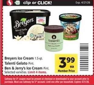 Breyers Ice Cream, Talenti Gelato, Ben & Jerry's Ice Cream