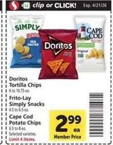 Doritos Tortilla Chips, Frito-Lay Simply Snacks, Cape Cod Potato Chips