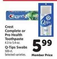 Crest Complete or Pro Health Toothpaste / Q-Tips Swabs