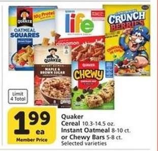 Quaker Cereal, Instant Oatmeal, or Chewy Bars
