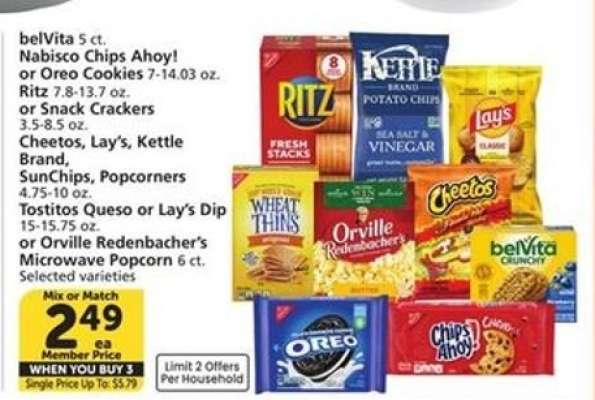 belVita, Nabisco Chips Ahoy!, Oreo Cookies, Ritz, Cheetos, Lay's, Kettle Brand, SunChips, Popcorners, Tostitos Queso, Lay’s Dip, Orville Redenbacher’s Microwave Popcorn