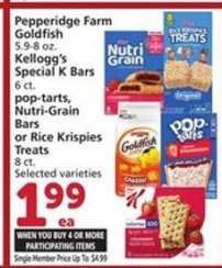 Pepperidge Farm Goldfish, Kellogg's Special K Bars, pop-tarts, Nutri-Grain Bars, Rice Krispies Treats