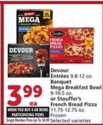 Devour Entrées, Banquet Mega Breakfast Bowl, Stouffer's French Bread Pizza