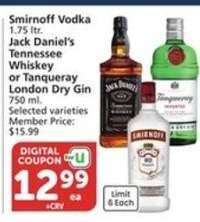 Smirnoff Vodka, Jack Daniel's Tennessee Whiskey, Tanqueray London Dry Gin