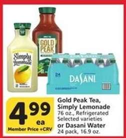 Gold Peak Tea, Simply Lemonade or Dasani Water