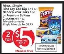 Fritos, Simply, Frito Lay Can Dip, Nabisco Snak-Saks, Premium Saltine Crackers