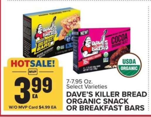 DAVE'S KILLER BREAD ORGANIC SNACK OR BREAKFAST BARS
