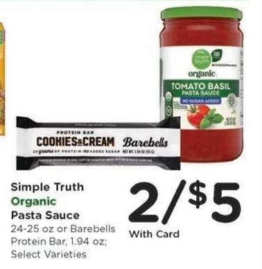 Simple Truth Organic Pasta Sauce or Barebells Protein Bar