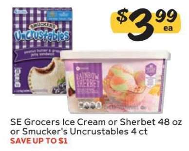 SE Grocers Ice Cream or Sherbet or Smucker's Uncrustables