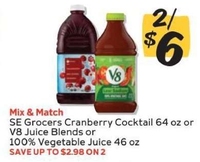 SE Grocers Cranberry Cocktail or V8 Juice Blends or 100% Vegetable Juice