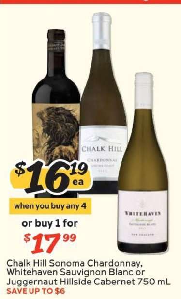Chalk Hill Sonoma Chardonnay, Whitehaven Sauvignon Blanc or Juggernaut Hillside Cabernet