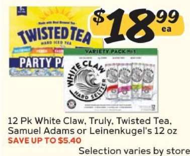 12 Pk White Claw, Truly, Twisted Tea, Samuel Adams or Leinenkugel's 12 oz