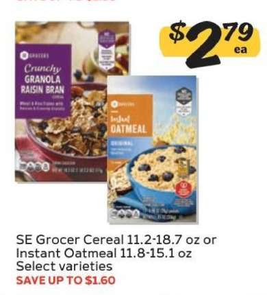 SE Grocer Cereal or Instant Oatmeal