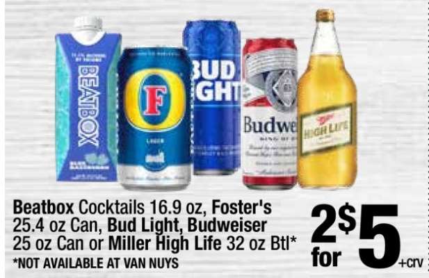 Beatbox Cocktails, Foster's, Bud Light, Budweiser, Miller High Life