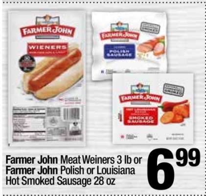 Farmer John Meat Weiners 3 lb or Farmer John Polish or Louisiana Hot Smoked Sausage 28 oz