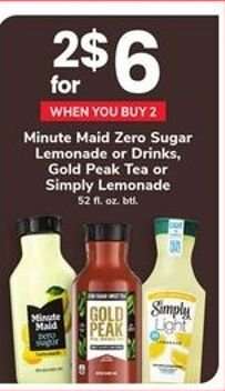 Minute Maid Zero Sugar Lemonade or Drinks, Gold Peak Tea or Simply Lemonade