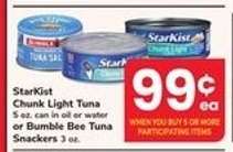 StarKist Chunk Light Tuna or Bumble Bee Tuna Snackers