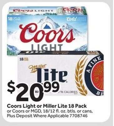 Coors Light or Miller Lite 18 Pack