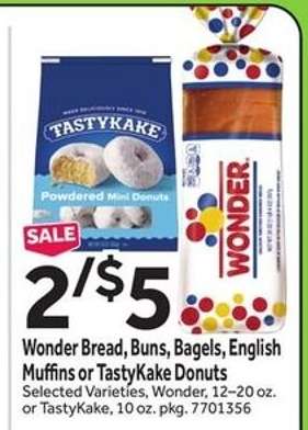 Wonder Bread, Buns, Bagels, English Muffins or TastyKake Donuts