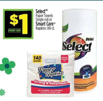 Select Paper Towels Single roll or Smart Care Napkins 140 ct.