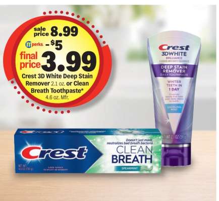 Crest 3D White Deep Stain Remover or Clean Breath Toothpaste