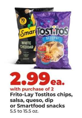 Frito-Lay Tostitos chips, salsa, queso, dip or Smartfood snacks