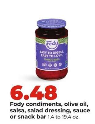 Fody condiments, olive oil, salsa, salad dressing, sauce or snack bar