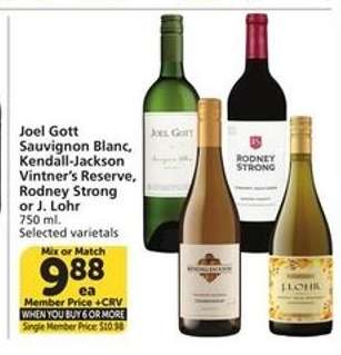 Joel Gott Sauvignon Blanc, Kendall-Jackson Vintner’s Reserve, Rodney Strong or J. Lohr