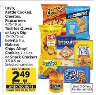 Lay's, Kettle Cooked, Cheetos, Popcorners, Tostitos Queso or Lay's Dip, belVita, Nabisco Chips Ahoy! Cookies or Snack Crackers