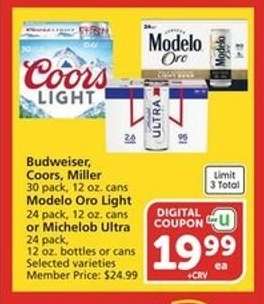 Budweiser, Coors, Miller, Modelo Oro Light, Michelob Ultra