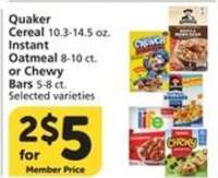 Quaker Cereal, Instant Oatmeal, or Chewy Bars