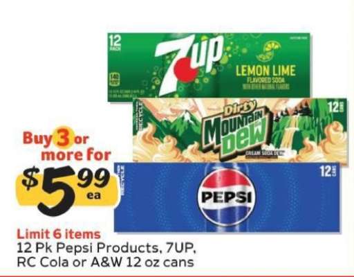 12 Pk Pepsi Products, 7UP, RC Cola or A&W 12 oz cans