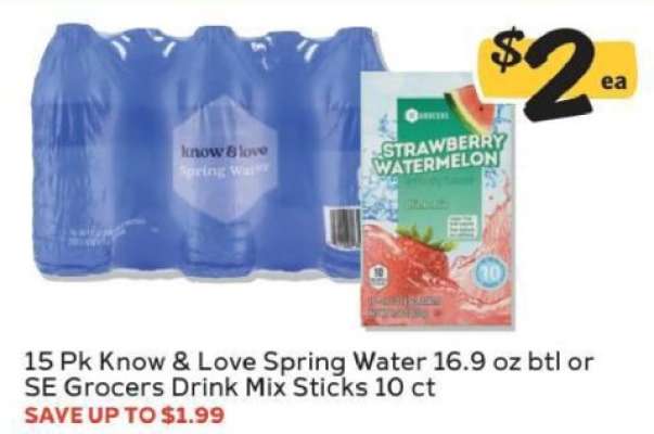 Know & Love Spring Water or SE Grocers Drink Mix Sticks