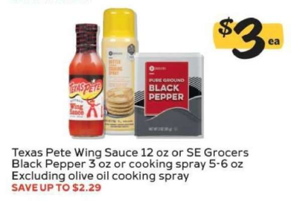 Texas Pete Wing Sauce or SE Grocers Black Pepper or cooking spray