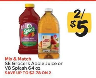 SE Grocers Apple Juice or V8 Splash