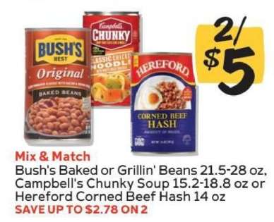 Bush's Baked or Grillin' Beans, Campbell's Chunky Soup, Hereford Corned Beef Hash