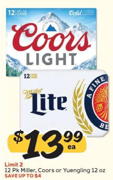 12 Pk Miller, Coors or Yuengling 12 oz