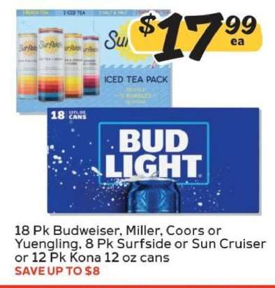 Budweiser, Miller, Coors, Yuengling, Surfside, Sun Cruiser, Kona