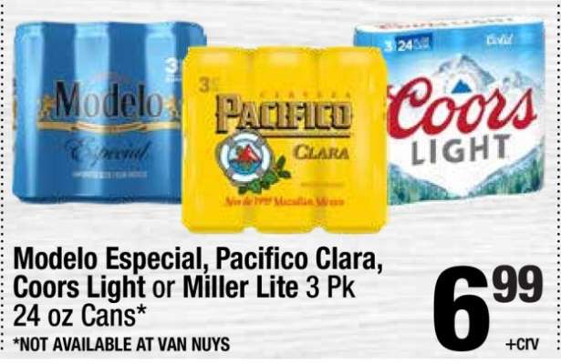 Modelo Especial, Pacifico Clara, Coors Light or Miller Lite 3 Pk
