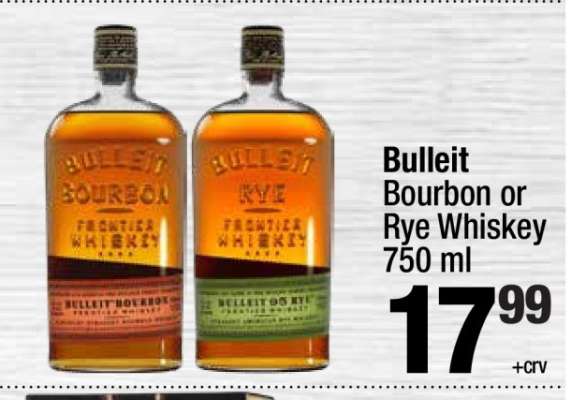 Bulleit Bourbon or Rye Whiskey 750 ml