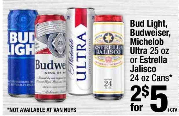 Bud Light, Budweiser, Michelob Ultra 25 oz or Estrella Jalisco 24 oz Cans