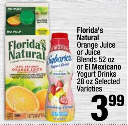 Florida's Natural Orange Juice or Juice Blends 52 oz or El Mexicano Yogurt Drinks 28 oz