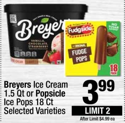 Breyers Ice Cream 1.5 Qt or Popsicle Ice Pops 18 Ct