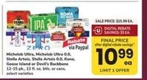 Michelob Ultra, Michelob Ultra 0.0, Stella Artois, Stella Artois 0.0, Kona, Goose Island or Devil's Backbone