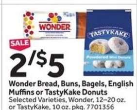 Wonder Bread, Buns, Bagels, English Muffins or TastyKake Donuts