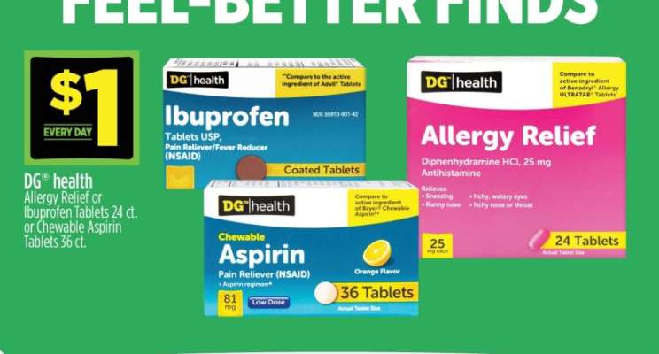 DG health Allergy Relief or Ibuprofen Tablets 24 ct. or Chewable Aspirin Tablets 36 ct.