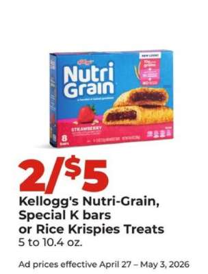 Kellogg's Nutri-Grain, Special K bars or Rice Krispies Treats