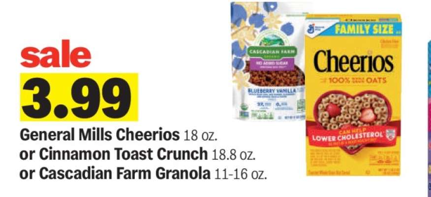 General Mills Cheerios or Cinnamon Toast Crunch or Cascadian Farm Granola