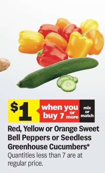 Red, Yellow or Orange Sweet Bell Peppers or Seedless Greenhouse Cucumbers